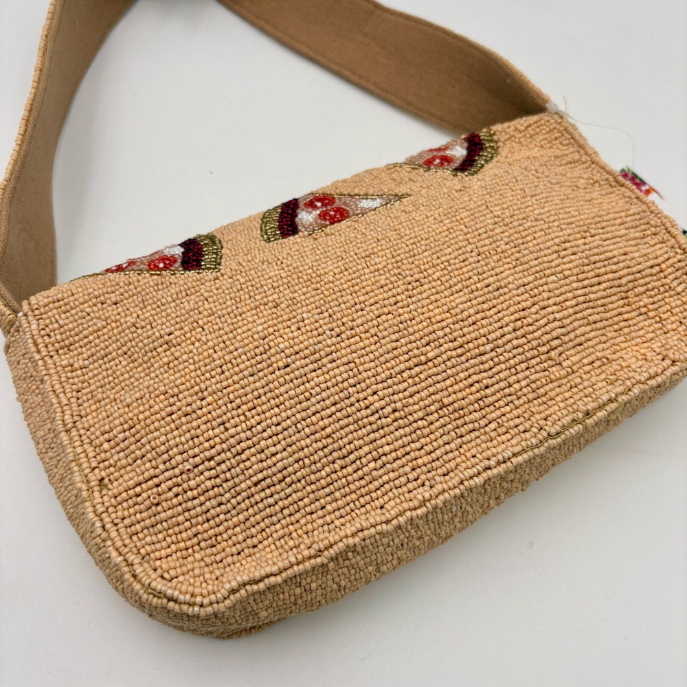 Express Edit Tan Beaded Pizza Slice Shoulder Bag Novelty Baguette Purse NWT - Picture 5 of 7